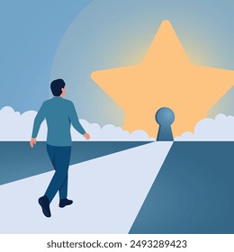 A man walks towards a big star with a keyhole in the middle, an illustration for dreaming big.