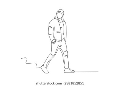 Un hombre camina con una moderna chaqueta de invierno. Dibujo de una línea de conjunto de invierno