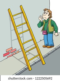 A Man Walks Under A Ladder Despite The Danger Of Bad Luck. Superstitions