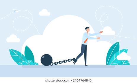 Man walks with a weight chained to his foot. Prisoner with ball on chain. Business burden. Deadline or slave iron. Sad businessman feeling exhausted from overwork and problems. Vector illustration