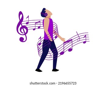 A man walks while listening to music. flat design music graphic illustration. people listening to music