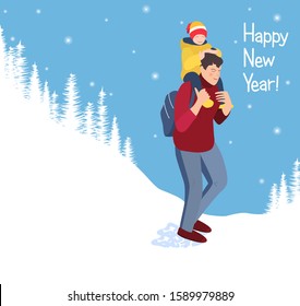 A man walks in a white forest. On his back is a happy child. Dad carries a smiling baby. New year card with a happy family. Walk father and son (daughter). Snowy landscape of merry christmas. Vector