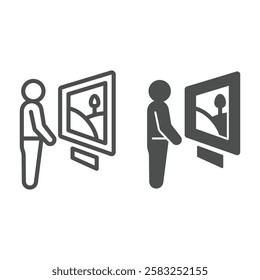Man with wall picture line and solid icon, exhibition opening concept. Vector graphics. Human looking art sign on white background, outline style icon for mobile or web design