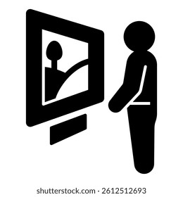 Man with wall picture solid icon, exhibition opening concept. Vector graphics. Human looking art sign on white background, glyph style mobile or design