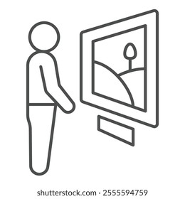 Man with wall picture thin line icon, exhibition opening concept. Vector graphics. Human looking art sign on white background, outline style icon for mobile or web design