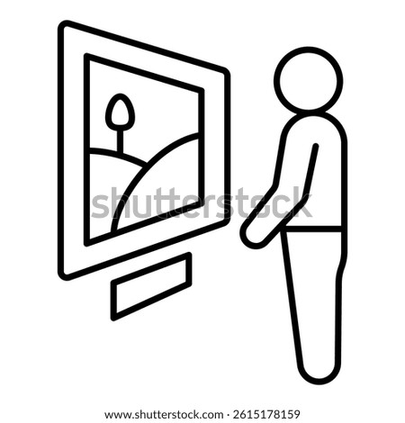 Man with wall picture thin line icon, exhibition opening concept. Vector graphics. Human looking art sign on white background, linear style for mobile or design
