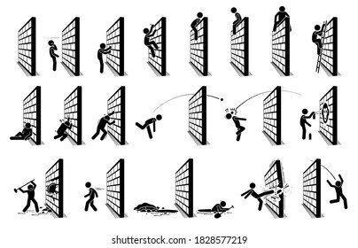 Man with a wall stick figure pictogram icons. Vector illustration concept of challenge, road block, and hurdle.