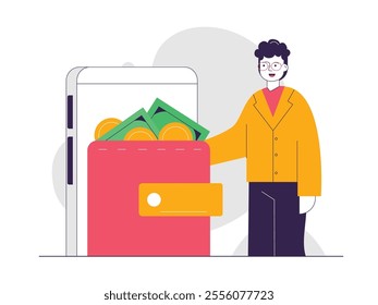 Man with wallet apps on mobile phone, saving money digitally. Character design. Vector flat illustration