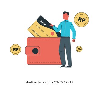 Man with a wallet and credit card. Vector illustration in flat style for digital contactless payment concept