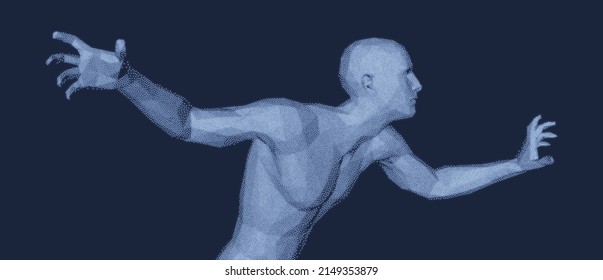 The man wanders in the dark. The guy is looking for a way out in the dark. Loneliness concept. 3D vector illustration.
