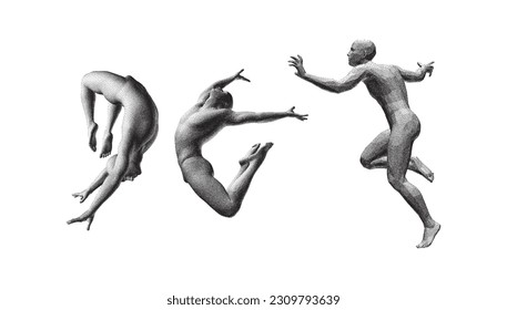 The man wanders. Leadership, freedom or development concept. Сouple jumping face to face. Gymnastics activities for icon health and fitness community. Pixel art. 3D vector illustration.