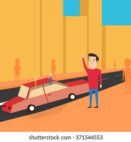 Man want to catch a transport. Waiting for the car. Cartoon design. Greet friends