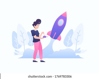 A man want to make his company to be a most growth companies like a rocket that can fly with fast speed into a galaxy. Pure passion and great plan. Vector Illustration with minimal and gradient style