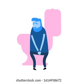 Man wanting to pee. Guy pressing hands against his stomach as if in pain. Cartoon design icon. Flat vector illustration. Isolated on white background.