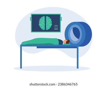 El hombre quiere estar dentro de un escáner de tomografía por computadora con un proyector de cerebro, un laboratorio de diagnóstico para la medicina. Diseño de caracteres. Ilustración plana del vector