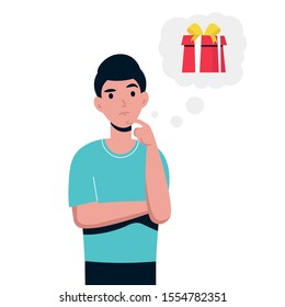 Man wants to give a good gift. Guy thinks about the present to give his girlfriend. Flat vector isolated character.