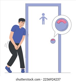 Der Mensch möchte an der geschlossenen Toilettentür, Vektor einzeln, pissen und stehen. Besetztes WC, männlicher Charakter muss urinieren. Hübscher Charakter mit voller Blase.