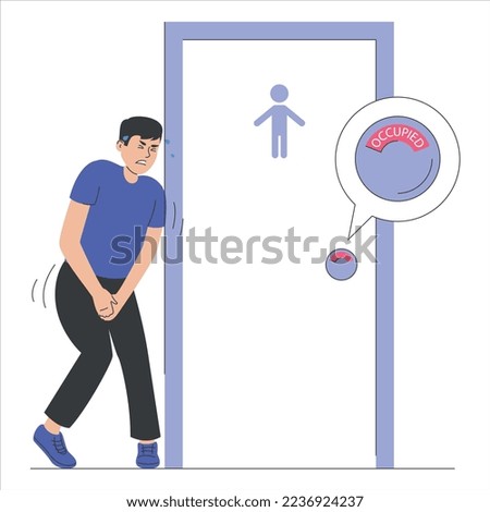 Man wants to pee and standing at the closed toilet door vector isolated. Occupied WC, male character needs to urinate. Funny character with full bladder.