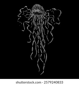 man of war jellyfish hand drawing vector isolated on black background.