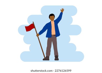Man ware jecket rais and wave hand isolated flat design diversity.