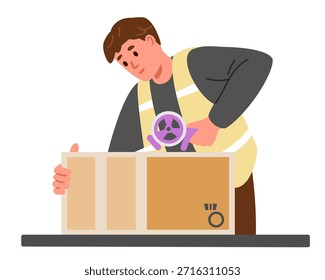 Hombre trabajador de almacén en uniforme que embala una caja de cartón con una Ilustración vectorial plana aislada en blanco.