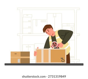 Hombre trabajador de almacén en uniforme que embala una caja de cartón con una Ilustración vectorial plana aislada en blanco. Estantes de línea con cajas en el fondo.