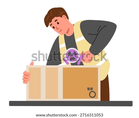 Man warehouse worker in uniform packing a carboard box with a tape flat vector illustration isolated on white.