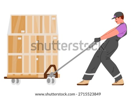 Man warehouse worker in uniform pulls hand forklift with pile of cardboard boxes wrapped in foil flat vector illustration isolated on white.