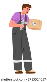 Hombre trabajador de almacén en caja de escaneo uniforme con Ilustración vectorial plana de escáner láser de código de barras de mano aislado en blanco.