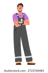 Hombre trabajador de almacén en uniforme de pie con los brazos cruzados con escáner láser en su brazo Ilustración vectorial plana aislada en blanco.