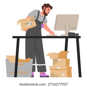 Man Warehouse Arbeiter schreibt defekte Produkte flach Vektorgrafik einzeln auf weiß. Mann hält beschädigte Kiste.