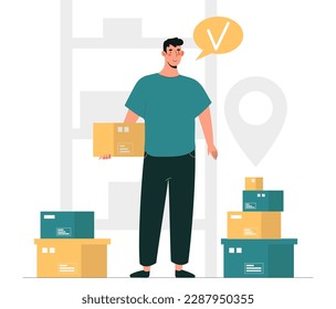 Man in warehouse. Young guy with box in his hands stands against background of gps sign. Logistics and transportation of goods, online shopping. Supervisor at factory. Cartoon flat vector illustration