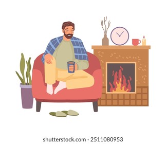 Man in warm cloth sitting in armchair and drinking coffee at fireplace, resting person with hot drink. Vector illustration of man near fire in room, flat cartoon character has rest at home in winter