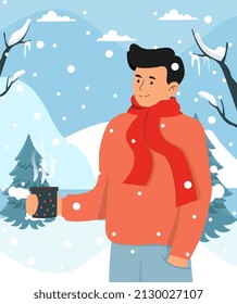 Man in warm clothes drinks hot coffee at winter landscape. Cup of warm tea or beverage for warming up in cold weather. Design element for poster or postcard. Cartoon modern flat vector illustration