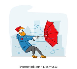 Man In Warm Clothes Holding Broken Umbrella Protecting From Hurricane. Male Character Fighting With Thunderstorm, Windy Cold Autumn Weather, Extremely Strong Blowing Wind. Linear Vector Illustration