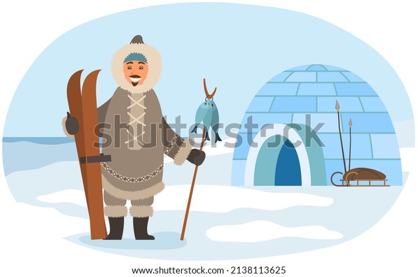 Man in warm clothes living in Arctic vector\
illustration. Landscape with mountains, beautiful view of pole.\
Polar region nature, winter scenery. Eskimo with fish after fishing\
stands near igloo