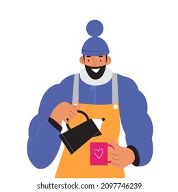 Man in warm clothes making coffee, barista man. Flat vector illustration