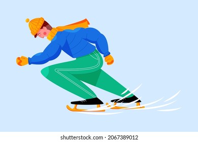 Man in warm clothes skating vector flat illustration. Sportsman training to sport competition or tournament. Hobby, winter sport.