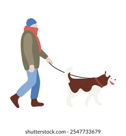 Man in warm clothes walking with his dog. Winter time. Vector illustration in flat style isolated on white background.