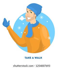 Man in warm clothes walking in winter season. Outdoor activity. Snow on the street. Vector illustration in cartoon style