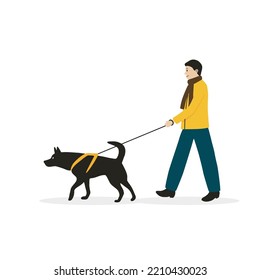 A man in warm clothes walks a dog. Black dog in a harness on a leash. Pet care. Vector illustration in flat cartoon style on a white background