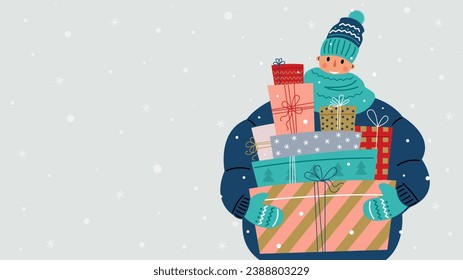 Un hombre con ropa de abrigo en invierno sostiene muchas cajas de regalo. Año nuevo y Navidad. Cartel con espacio de copia. Ilustración de material vectorial.