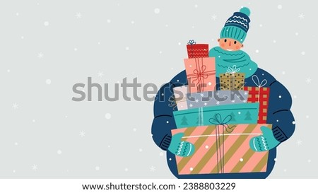 A man in warm clothes in winter holds many gift boxes.New Year and Christmas.Banner with copy space.Vector stock illustration.