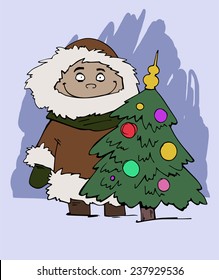 Man in warm coat and Christmas tree in winter