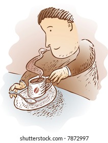 a man with a warm cup of coffee in engrave style