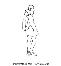 Man in warm jacket, jeans and sneakers. Side view. Monochrome vector illustration of young man with backpack standing and smiling in simple line art style. Black lines isolated on white background.