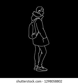 Man in warm jacket, jeans and sneakers. Side view. Monochrome vector illustration of young man with backpack standing and smiling in simple line art style. White lines isolated on black background.