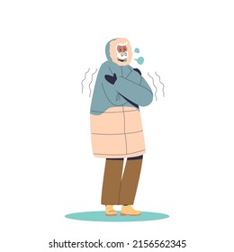 Man in warm parka coat trembling from cold. Unhappy guy in warm winter clothes suffer from cold weather freezing from frost and wind. Cartoon flat vector illustration