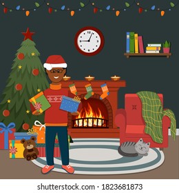 A man in a warm red sweater, in a Christmas hat of Santa Claus holds gifts on the background of a Christmas tree and a fireplace, color vector illustration, banner, postcard, poster