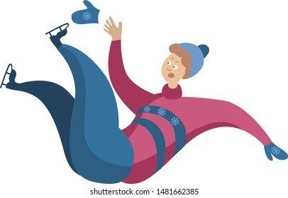 A man in a warm sweater and a hat fell on the ice. A person learns to skate. Vector illustration in flat style.